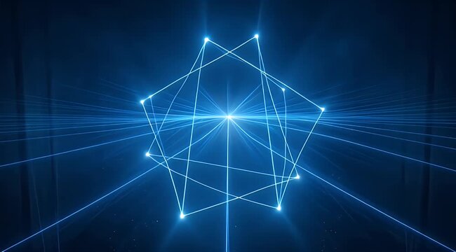 Digital blue wireframe structure with a radiant core and connecting light beams