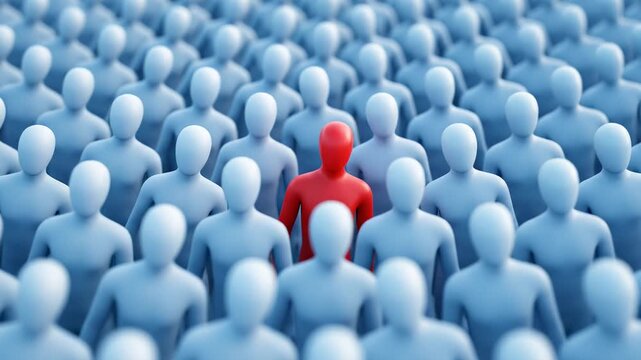 Red figure standing out in a crowd of blue people. 3D animation of a unique individual among a uniform mass. Leadership and individuality concept