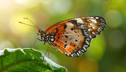 Obraz premium Butterfly on leaf, orange, black, white patterned wings. Soft green bokeh background