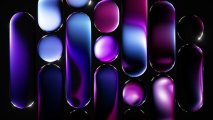 Vibrant pink and blue gradient bubbles, reflective surfaces with a seamless flowing structure. 3d render illustration.