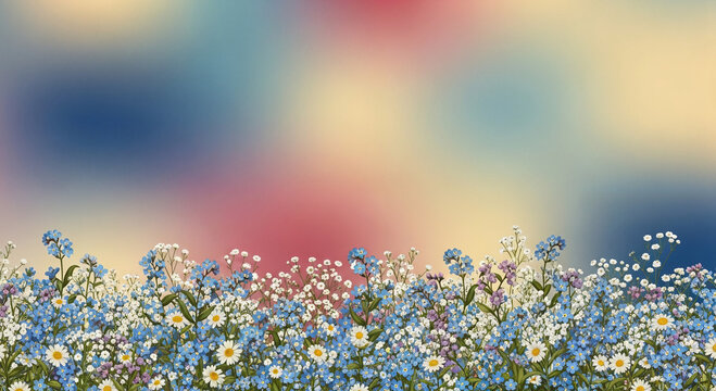 A field of cornflowers and daisies, delicate and airy, against a blurred sunset, watercolor image, with a space to copy, on the Day of the summer solstice, decoration for wedding invitations