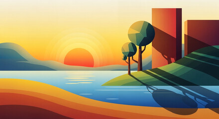 Stylish flat sunset image with silhouettes of trees and mountains, in bright orange, blue and green tones, for interior decoration and design