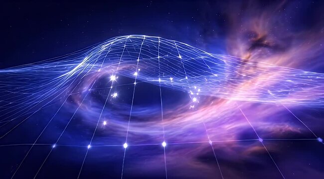 Abstract blue grid network with sparkling points stretching across a vibrant cosmic nebula