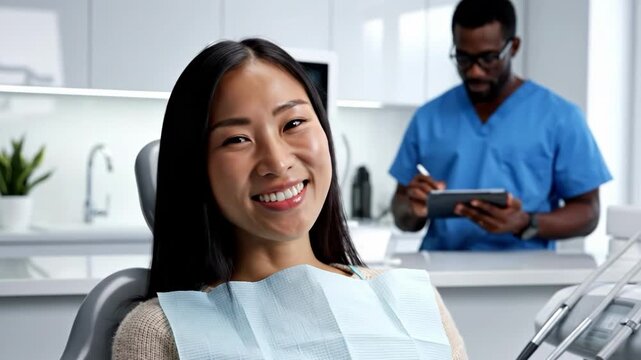 Smiling woman sitting in a dentist chair with a blue bib on