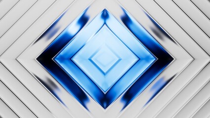 3d render. Abstract minimalist geometric background. Blue rhombus shape set behind a white matt ribbed glass texture