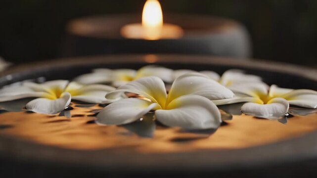 Tranquil spa setting with floating white flowers and candlelight creating relaxing atmosphere. Spa arrangement includes delicately placed plumeria in water, enhancing serenity and calmness.