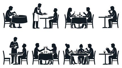 Fototapeta premium Restaurant Dining Silhouette Icon Set Vector – Eating Food Service Lifestyle Symbols