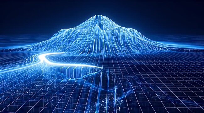 Glowing blue digital mountain peaks rise from an illuminated grid, abstract data visualization