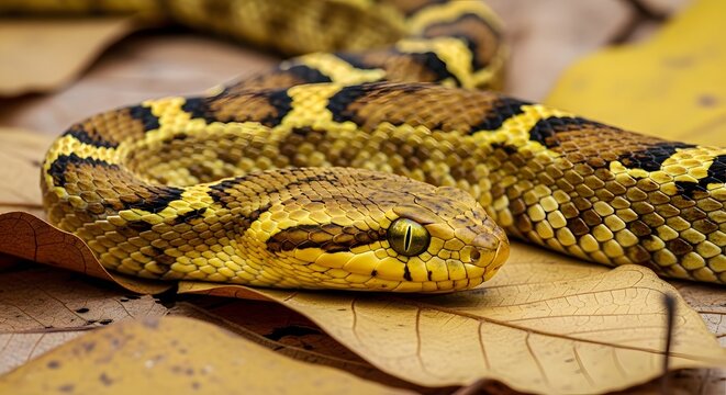Close-up of a venomous Fer-de-lance snake coiled on dry leaves.