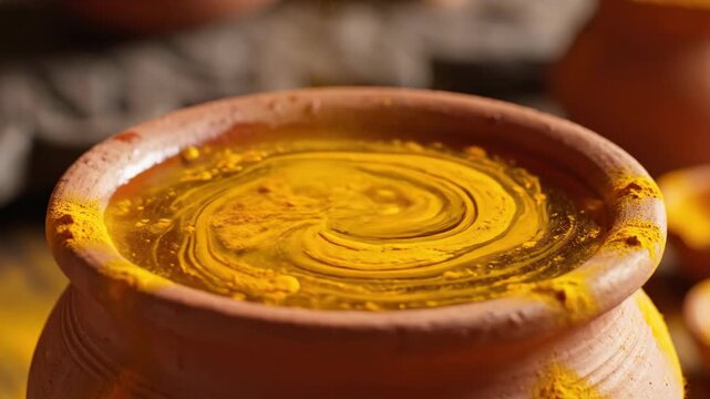 Pot of vibrant turmeric with swirling liquid, surrounded by earthenware vessels. Turmeric creates a warm ambiance for celebrations like Diwali, Navratri, and Durga Puja.