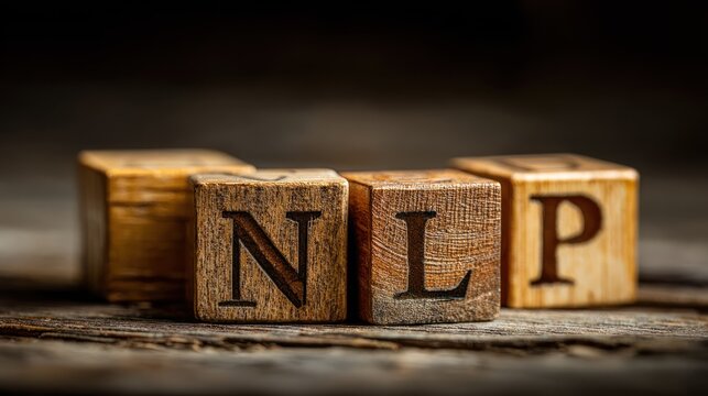 Wooden alphabet blocks spell out three initials resting on a textured, dark surface.