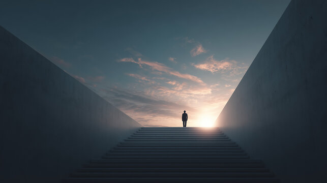 businessman walking up stairs toward sky, concept of success and ambition climbing stairs, minimal architecture path to opportunity