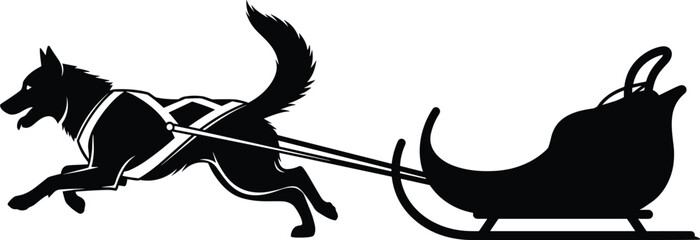 Dog pulling Christmas sleigh silhouette, winter holiday sled transport with husky dog harness, festive vector illustration design © Sarjina's World