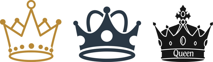 Three regal crown illustrations in gold black and white © YeasminAkther