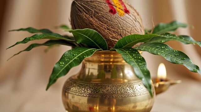 Decorative brass pot with coconut and mango leaves for Diwali celebration. Coconut is adorned with auspicious symbols for festive rituals. Symbolic decor for Diwali, Navratri,
