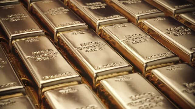 Gold ingots and bars stacked in rows. Precious metal ongots. 3d amimation