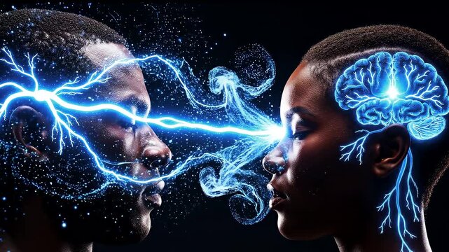 Futuristic Representation of Idea Transfer and Mental Connection Between Two People with Glowing Brain and Neural Pathways on Dark Background