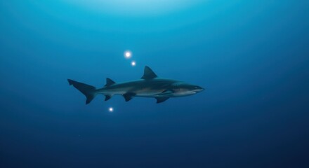Obraz premium A solitary shark glides through deep blue ocean waters with shimmering light reflections
