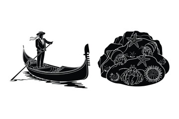 Gondola boat and coral reef illustration with black and white © Roney