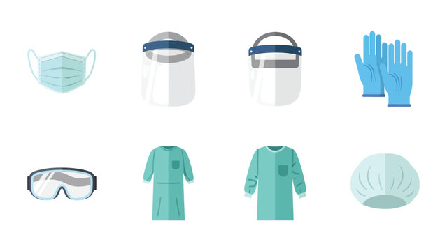 Personal Protective Equipment (PPE) Icons Set. Medical Safety Gear: Face Mask, Shield, Gloves, Gown, Goggles, Cap. Healthcare Supplies