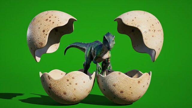 Baby dinosaur hatching from egg on green screen background