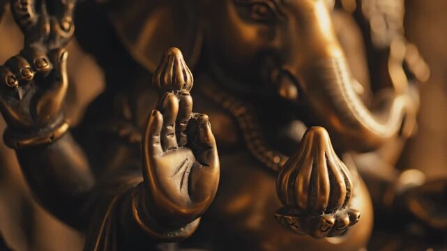 Idyllic Ganesh statue with intricate details showcasing several hands and symbolic gestures. Ganesh statue features artifacts and artistic craftsmanship showcasing devotion.
