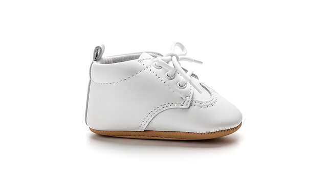 A single white leather baby bootie with laces and a brown sole, isolated on a white background.