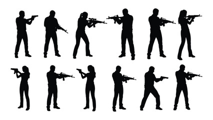 Collection of black silhouette figures depicting various gun handling and shooting poses for military, law enforcement, or gaming illustrations © Rian