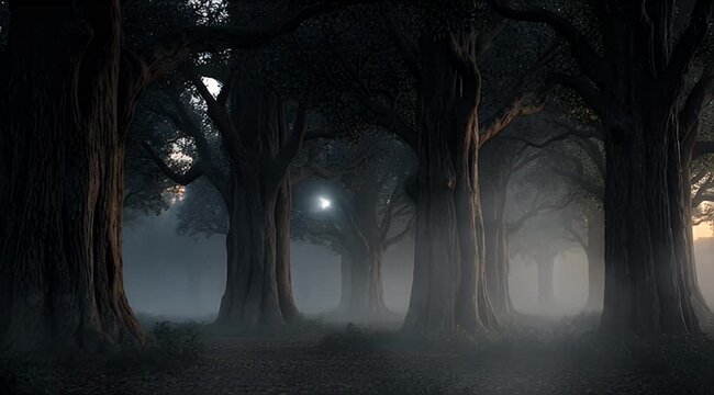 A dark, misty forest with ancient trees and a glowing, mystical orb illuminating the fog