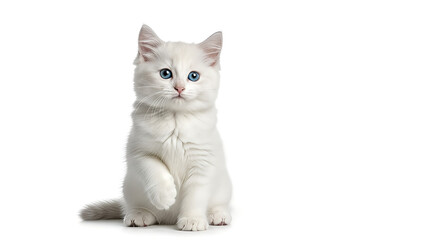 Obraz premium A fluffy white kitten with bright blue eyes sitting on a white background, raising one paw.