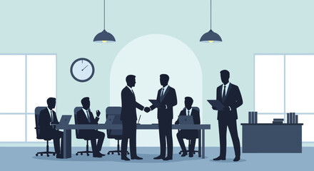 Fototapeta premium Business professionals in silhouette collaborate and finalize an agreement in a sleek, modern office meeting room setting.