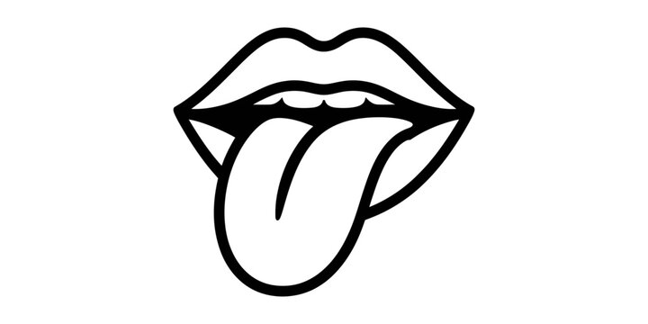 Minimalist black and white line art illustration of a human mouth sticking out a playful tongue Vector, illustration