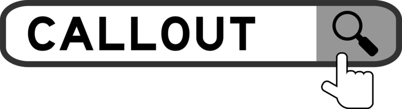 Search banner in word callout with hand over magnifier icon on white background