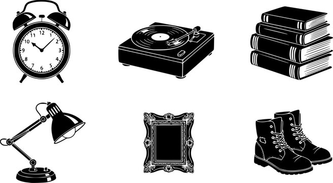 Collection of icons representing items for sale at a garage sale or flea market
