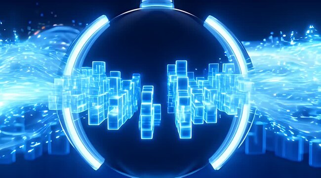 Dynamic bright sphere with blue energy flows and light trails in a dark digital realm