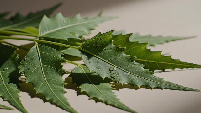 Fresh neem leaves on a soft surface with visible water droplets enhancing texture and detail. Neem leaves display unique serrated edges and vibrant green color showcasing natural beauty.