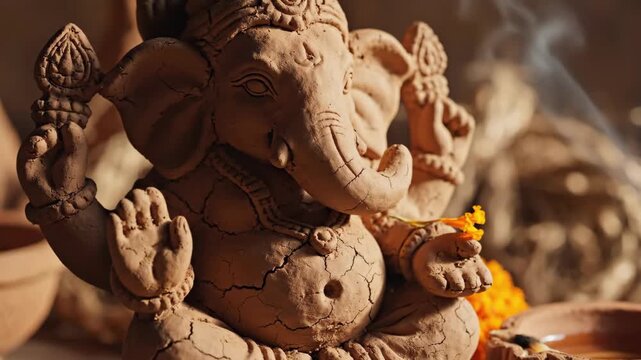 Ganesh statue with flowers and incense during celebration, Ganesh figurine adorned with marigolds and surrounded by traditional clay items, Symbol of prosperity during Diwali, Navratri,