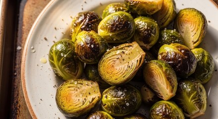 Obraz premium Perfectly Roasted Organic Brussels Sprouts with Sea Salt Sprinkled on Top in a Rustic Bowl