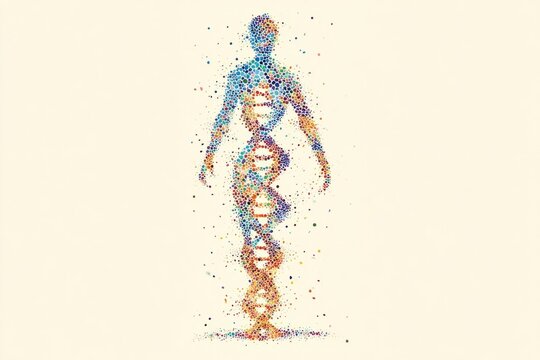 Human figure composed of colorful particles with DNA double helix structure integrated in body, symbolizing genetics, biology, science and human evolution concept.