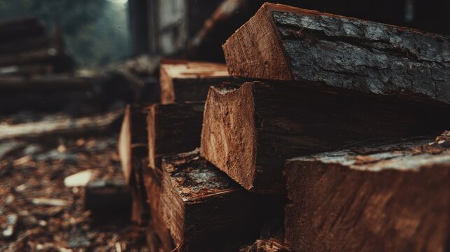 Close up of freshly cut wood logs stacked outdoors in natural light