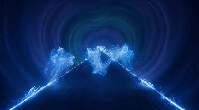 Luminescent blue energy forms rise from light beams against a dark, swirling tunnel