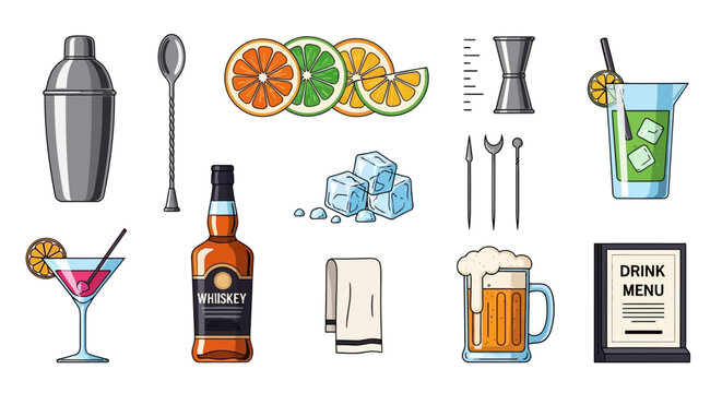 Barware Tools and Drink Ingredients for Cocktail Making Illustration