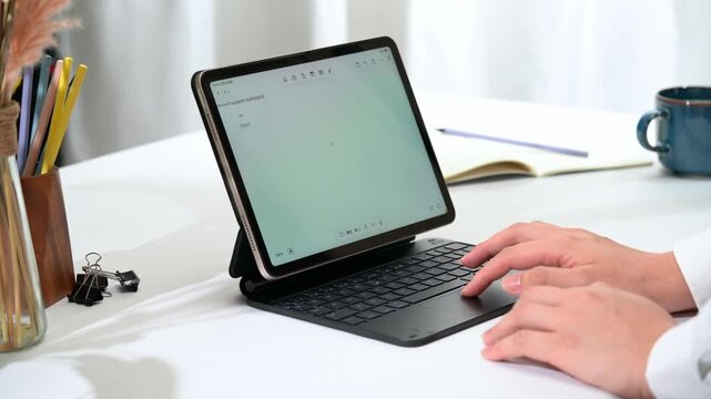 Office workers use tablets with physical keyboards for typing.