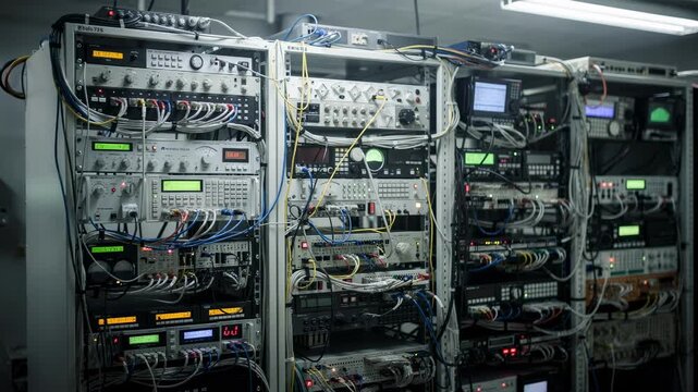 Medium frame capture of compact transmitter room racks loaded with various signal modulators and neatly arranged wires slightly blurred background enhancing depth.