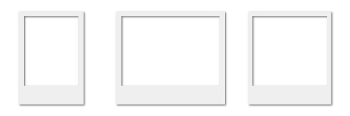 Obraz premium A versatile set of blank white instant photo frames, presented in portrait, landscape, and square orientations, ideal for showcasing cherished memories or design mockups.