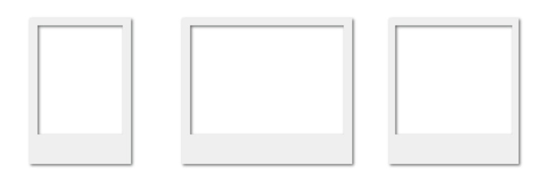 A versatile set of blank white instant photo frames, presented in portrait, landscape, and square orientations, ideal for showcasing cherished memories or design mockups.
