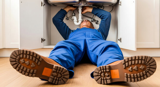 A professional plumber lying on the floor while repairing a kitchen sink pipe under the cabinet