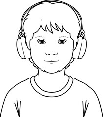 Obraz premium Hand Drawn Boy Wearing Headphones Black and White Avatar Illustration in Minimal Line Art Style Design