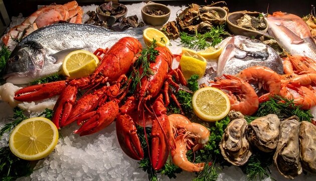 Seafood display on ice. Lobster, fish, oysters, crab, shrimp, garnished with lemons