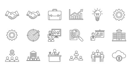 Fototapeta premium Collection of business and finance line icons representing collaboration, success, analytics, and corporate activities.